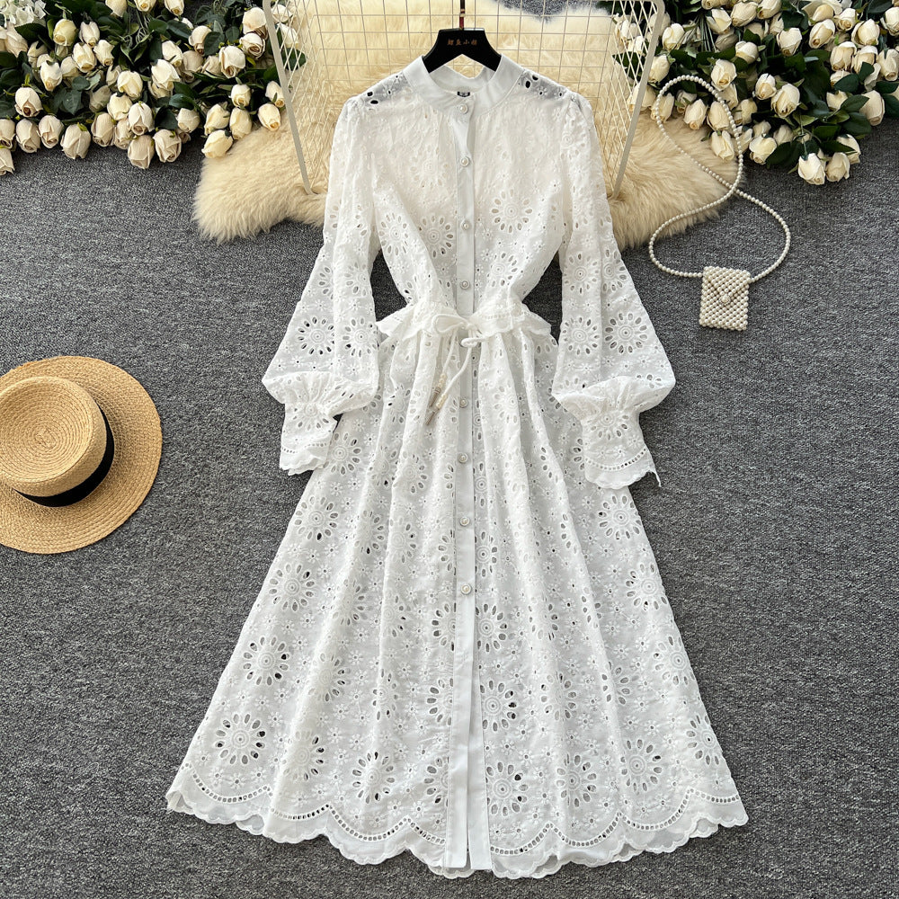 French fashion heavy industry cut outembroider round neck long sleeves single breasted dress women's bottoming shorts two-piece set