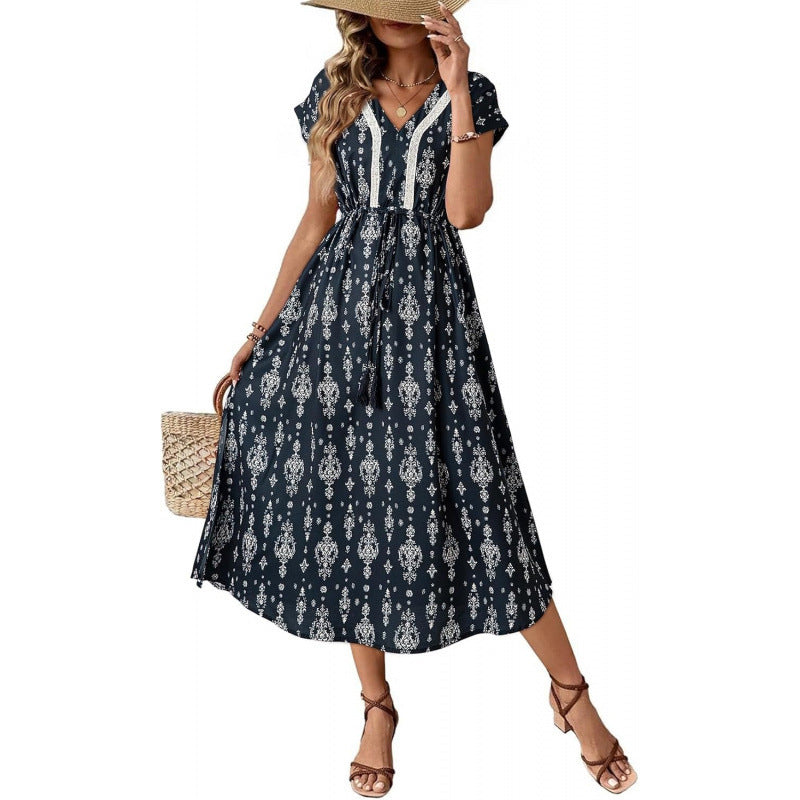 Amazon chic floral dress - women's  summer new arrival: loose a-line casual v-neck beach dress