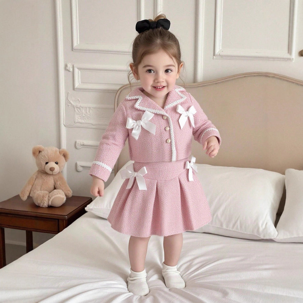 chic spring/autumn new korean style girls' tweed dress set - pink cute mini skirt two-piece outfit