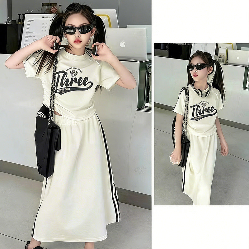 versatile girls' summer outfit: korean style sporty & casual fashion short-sleeve t-shirt and skirt two-piece set