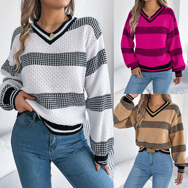 Real shot 2025 autumn and winter European and American V-neck contrasting striped lantern long-sleeved pullover sweater, independent station  women's clothing