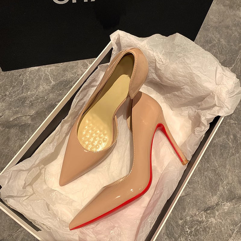 Nude high heels for women 2025 new arrivalspring & fall pointed toe stiletto side empty patent leather elegant socialite red bottom professional flats