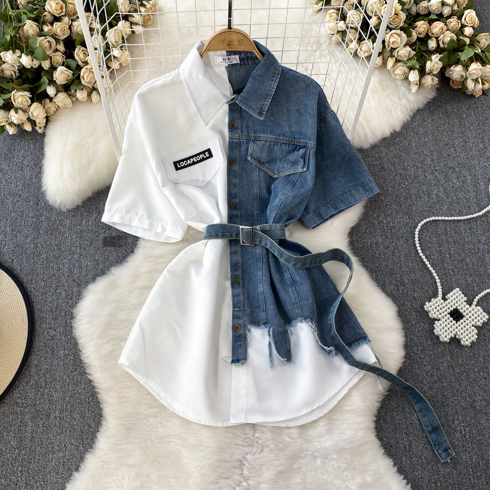 Contrast color lapel waist slimming looka single breasted shirt denim dress women's longasymmetrical t-shirt skirt