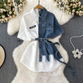 Contrast color lapel waist slimming looka single breasted shirt denim dress women's longasymmetrical t-shirt skirt