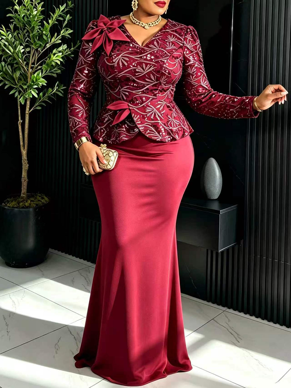 New plus size sequin party dress - 3d floral slim fit patchwork long sleeve banquet cocktail elegant evening gown