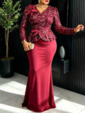 New plus size sequin party dress - 3d floral slim fit patchwork long sleeve banquet cocktail elegant evening gown