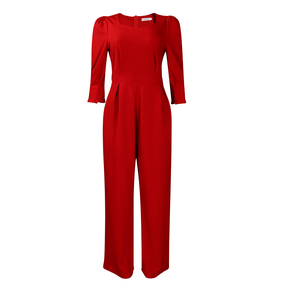 D448  independent station european and american women's clothing winter long sleeves pure color loose wide leg straight large size african jumpsuit