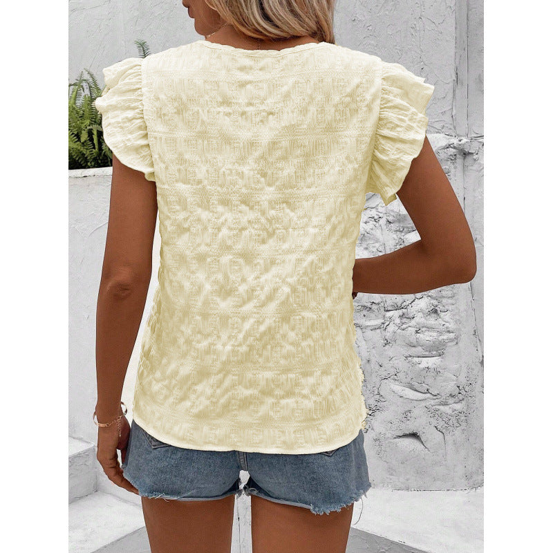 Ready-to-ship, export-quality, 1688 square-neck, crochet-trimmed, flutter-sleeve, solid-color women's top