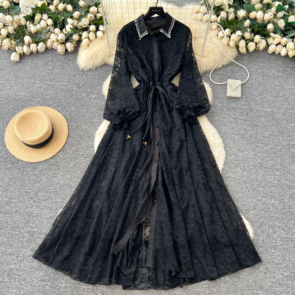 Frenchelegantelegance heavy industry beading lapel lantern sleeve single breasted strap waist slimming looklacedress women