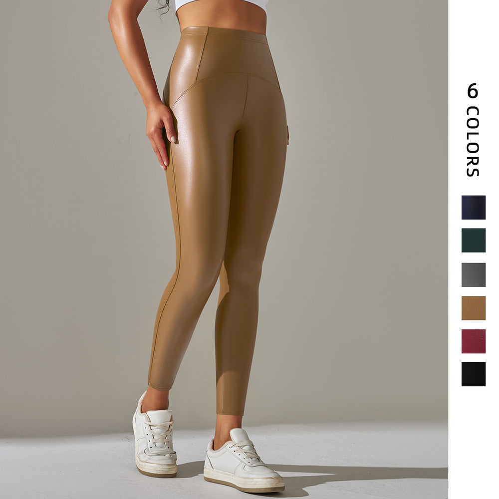 Clearance european and american  high waist hip lifting and abdominal tightening waist pu leather pants inner brushed yoga bottom leather pants nine-point pants