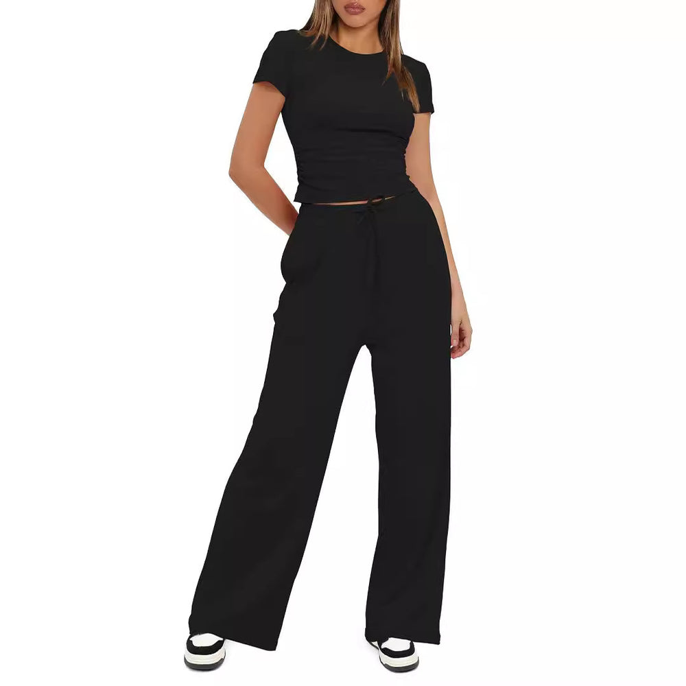 2024 european and american amazon new arrival: solid color casual set - ruched short sleeve top & high-waisted wide leg pants tracksuit