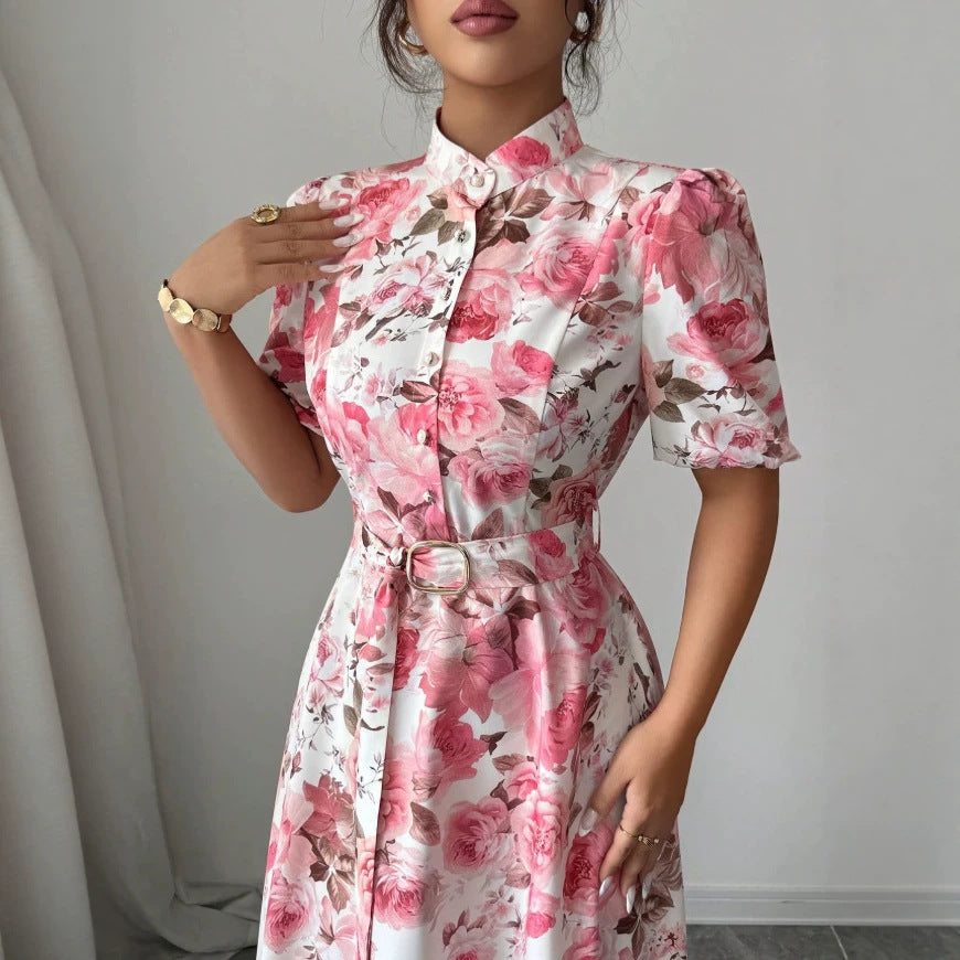 European and american niche fashion retro suit collar sleeveless cinched waist printed dress - women's slimming a-line elegant maxi dress