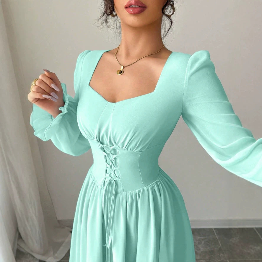 Fashion cross-border  overseas hot style mint green waist simple pure color square collar long sleeves large hem version long skirt