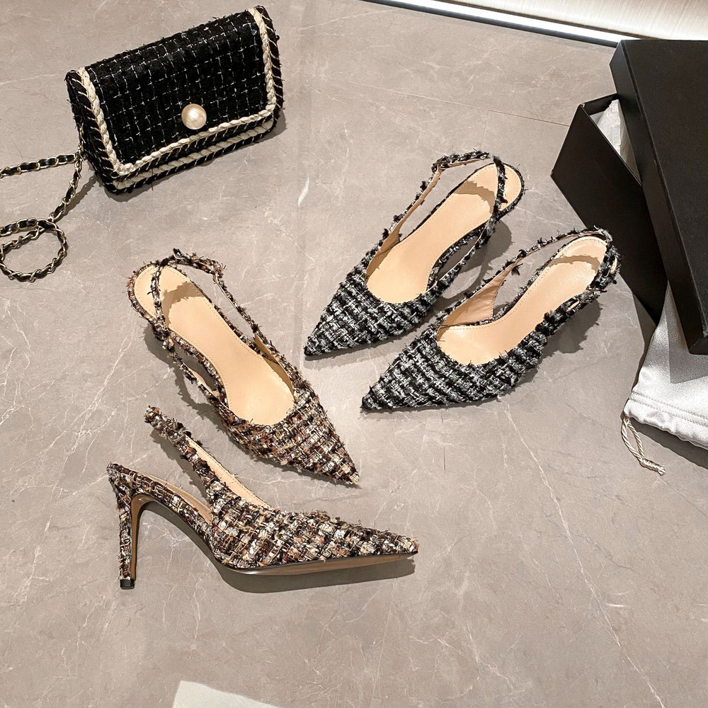Wo huizhou 2026 new european and american fashion closed-toe open-back sandals, stiletto heel, chunky wool blend, pointed toe, dark brown/black