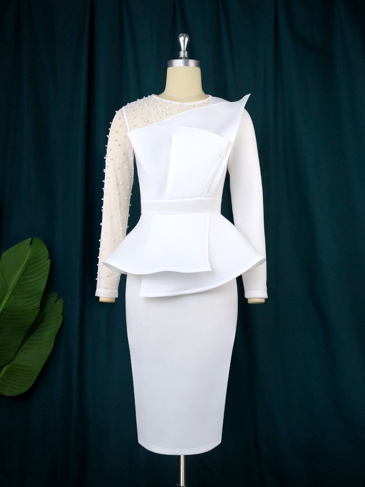 Am221017 designer cut piece patchwork dress beadinghigh waistslimming lookdress skirt