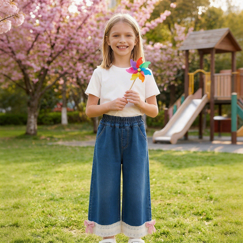 Spring new korean style girls' lace bow denim pants, fashionable and stylish children's trousers, trendy kids' clothing