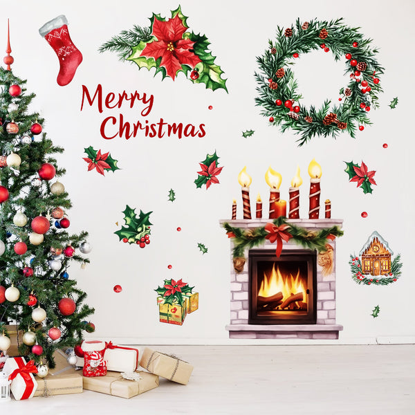 Cross-border   Christmas wall sticker fireplace wreath Christmas elements holiday party decoration sticker