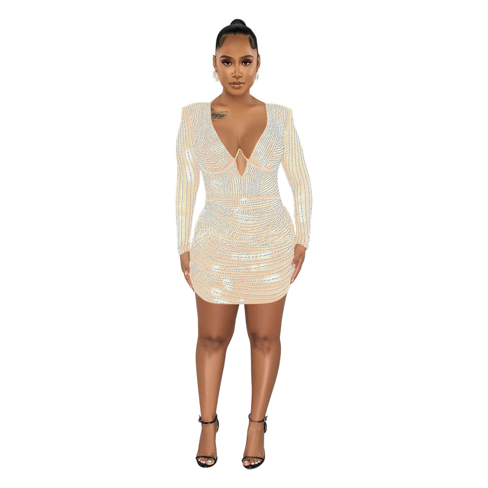 C6376 cross-border   fashion women's solid color mesh rhinestone temperament mini dress
