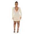 C6376 cross-border   fashion women's solid color mesh rhinestone temperament mini dress
