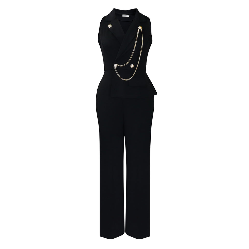 C8604export women's clothing  fashion suit collar sexy fashion chain casual wide leg african jumpsuit