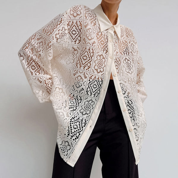 French Elegant Beige Lace Shirt Women's 2024 Autumn Design Sense Hollow Outside Loose Shirt Sunscreen Women's Clothing