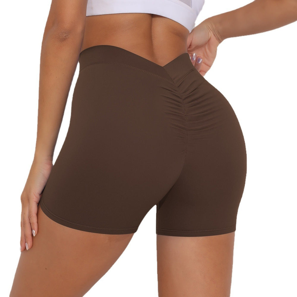 brushed v-waist pleated pure color peach butt yoga shorts sports running fitness tight three-quarter pants for women