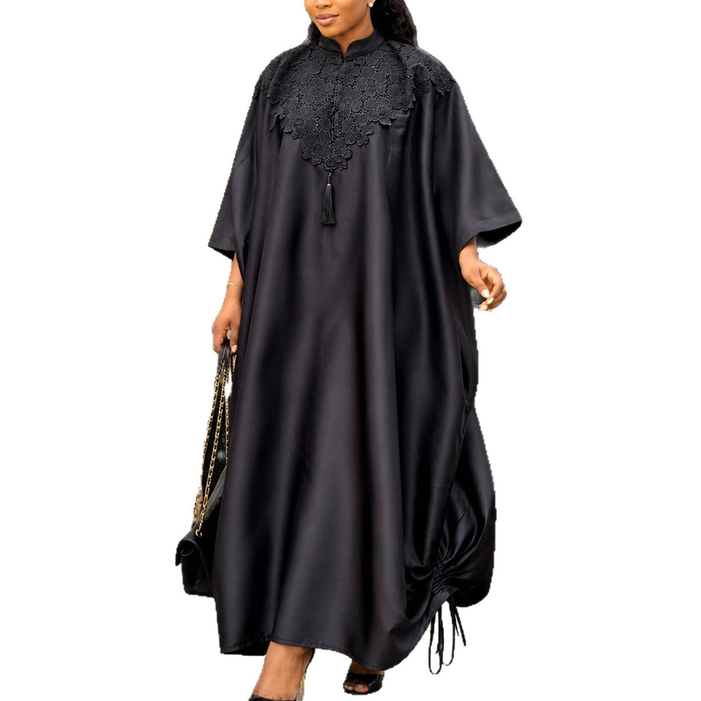 Solid color satin stand collar lace elegant dress - loose fit irregular drawstring chic african bubu robe dress