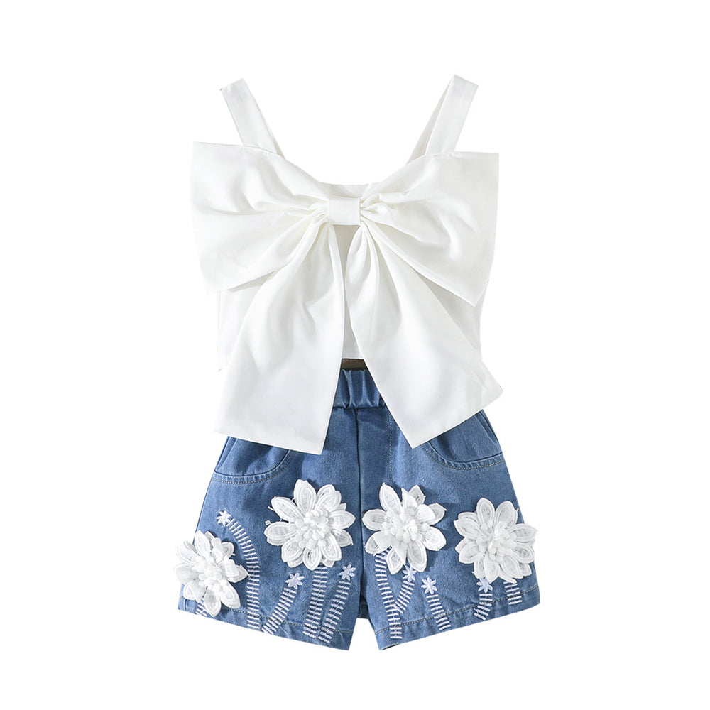 new european and american style girls' outfit: bowknot cami top + floral denim shorts set
