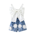 new european and american style girls' outfit: bowknot cami top + floral denim shorts set