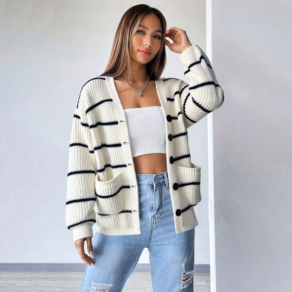 Cross-border new autumn and winter knitted cardigan striped contrasting colors lazy style loose thin big pocket versatile sweater