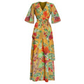 fashion v neck flower beach dress  plus size women's clothing casualloose swing long skirt