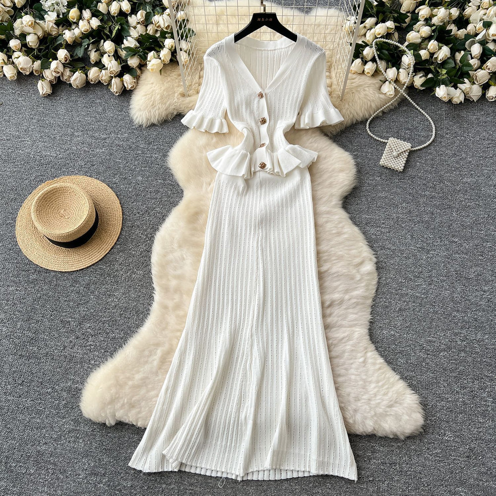 Luxury chic women's dress - autumn  collection: slim-fit knit maxi dress with metallic buckle detail, inspired by chanel