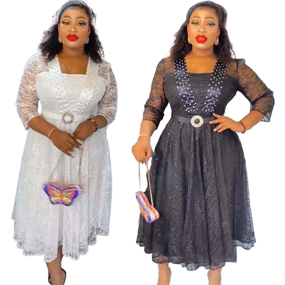 African clothing plus size women's lace rhinestone a-line dress  high waist evening gown dress with belt