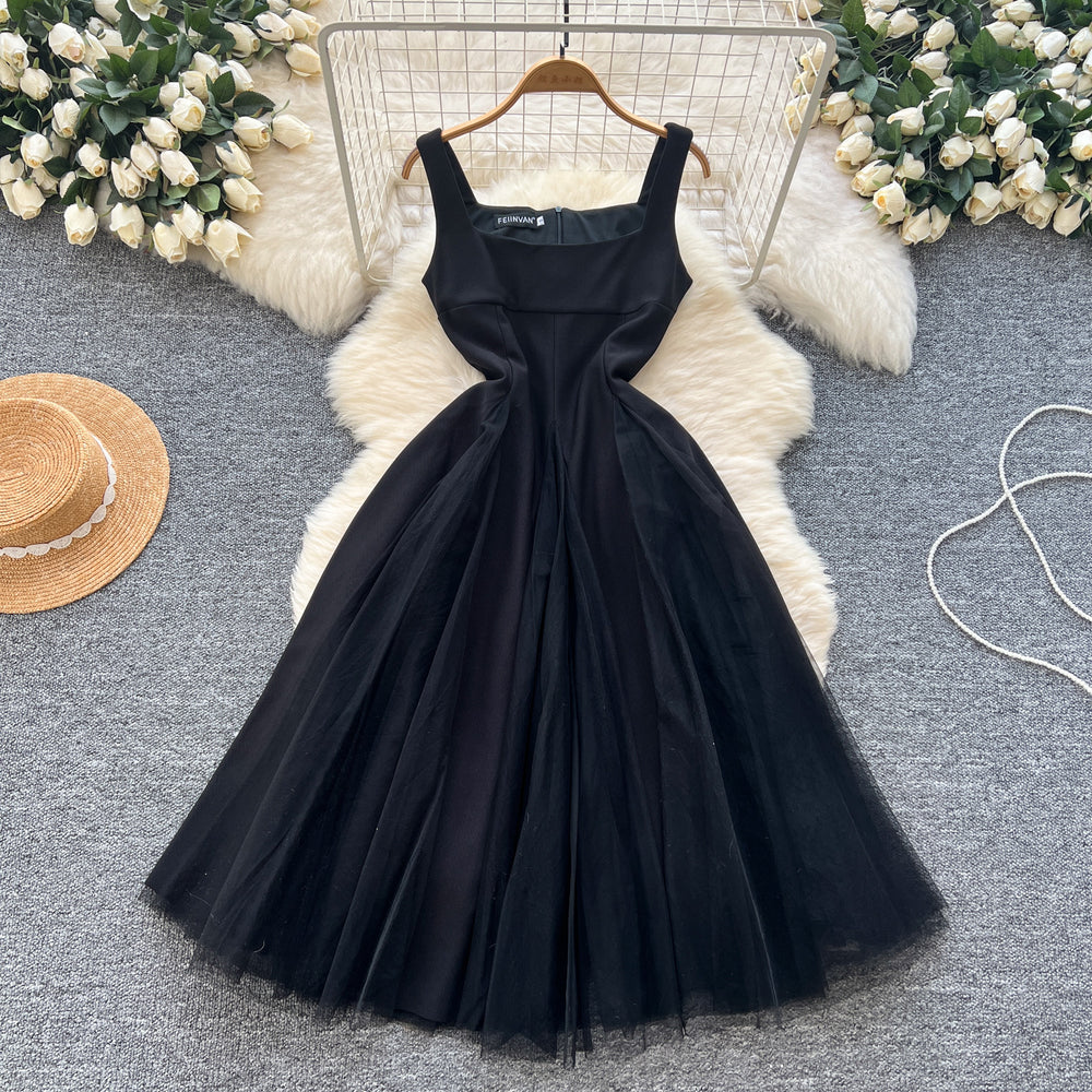 French hepburn style dress women's  summer high-end square neck camisole spliced mesh puffy gown maxi dress