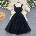 French hepburn style dress women's  summer high-end square neck camisole spliced mesh puffy gown maxi dress