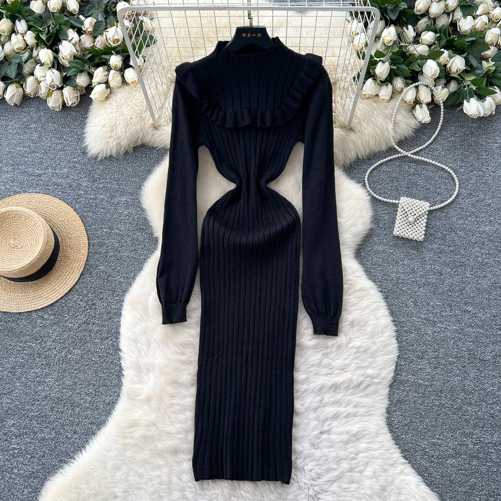 Frenchniche styleclassy sense of wood ear patchworklong sleevesknittingdress women's autumslimslimming look hip wrap long skirt