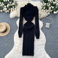 Frenchniche styleclassy sense of wood ear patchworklong sleevesknittingdress women's autumslimslimming look hip wrap long skirt