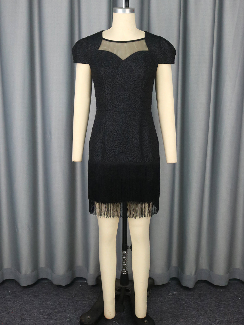 Amazon cutout mesh french black round neck dress - tassel hem elegant evening gown