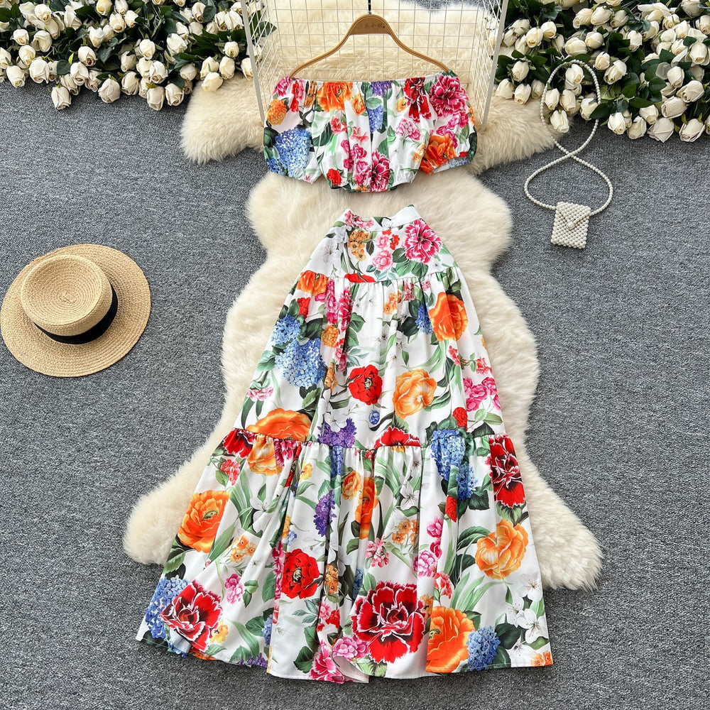 European and american hot girl style printed off-the-shoulder puff sleeve top + high-waisted slimming long midi skirt set for women - summer collection