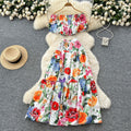 European and american hot girl style printed off-the-shoulder puff sleeve top + high-waisted slimming long midi skirt set for women - summer collection