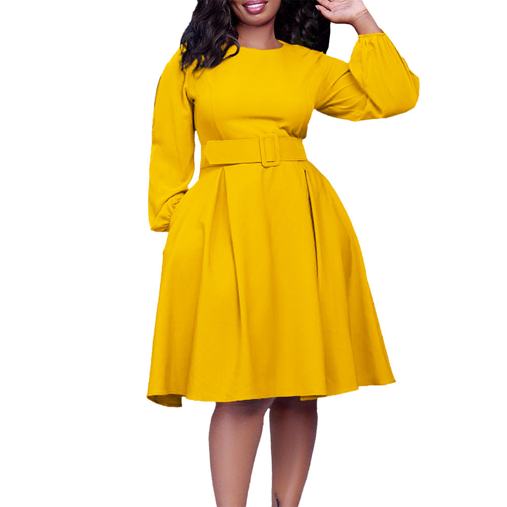 D418 belted african women's dress,  autumn/winter new arrival, long sleeve elegant round neck swing dress, european and american style