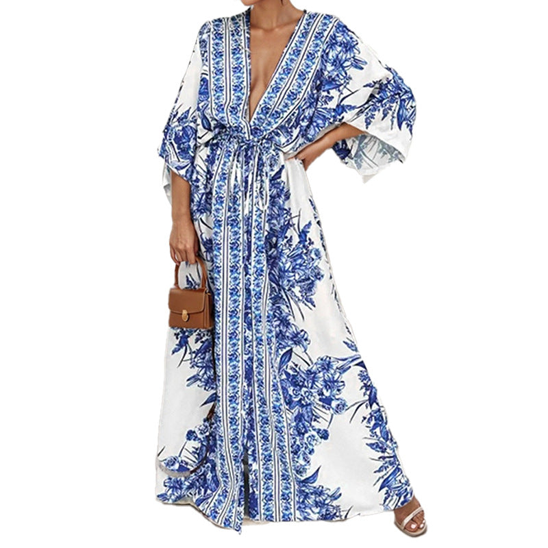 women's summer new arrivals:  cross-border fashion - elegant printed v-neck tie-strap maxi dress