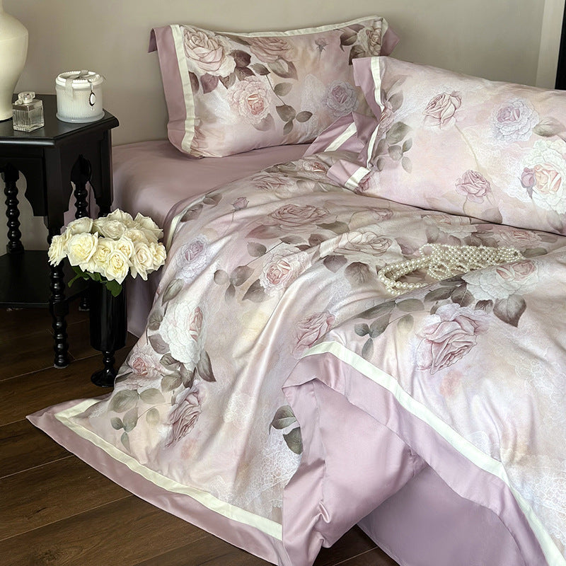 Spring and summer pastoral 100S long-staple cotton digital printing four-piece cotton wide-edge quilt cover for sleeping naked on a pure cotton bed