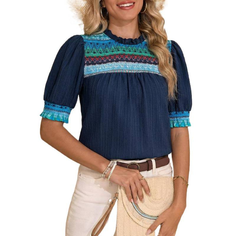 Amazon  summer new casual round neck bubble short sleeve bohemian embroidered shirt top for women