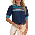 Amazon  summer new casual round neck bubble short sleeve bohemian embroidered shirt top for women