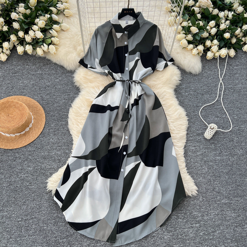European and american style printed short-sleeve dress - women's autumn polo collar tie-waist design, unique and chic, elegant maxi dress