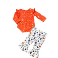 Baby girl halloween pumpkin letter print romper, flare pants, and headband three-piece set