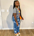 European and american cross-border women's clothing:  casual denim streetwear trendy hot girl floral print straight-leg jeans
