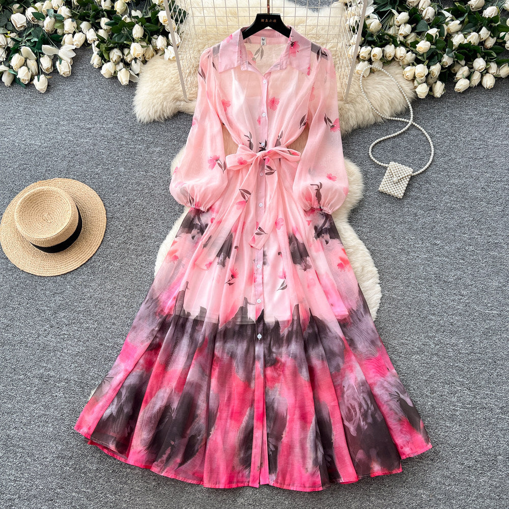 Gentle wind tie-dye gradient printingelegantdress women's autumlong sleeves waist a-line skirt vacation style work clothing skirt