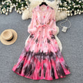 Gentle wind tie-dye gradient printingelegantdress women's autumlong sleeves waist a-line skirt vacation style work clothing skirt